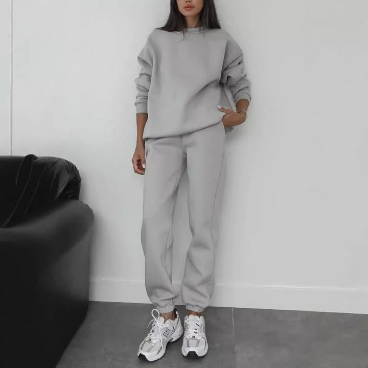Women's minimalist cozy set made of heavy French terry with wide crew neck sweater and straight joggers Mune Fashion