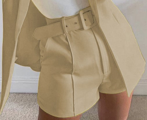 Women's Two-Piece Tailored Blazer Set with High-Waisted Shorts and Belt Mune Fashion