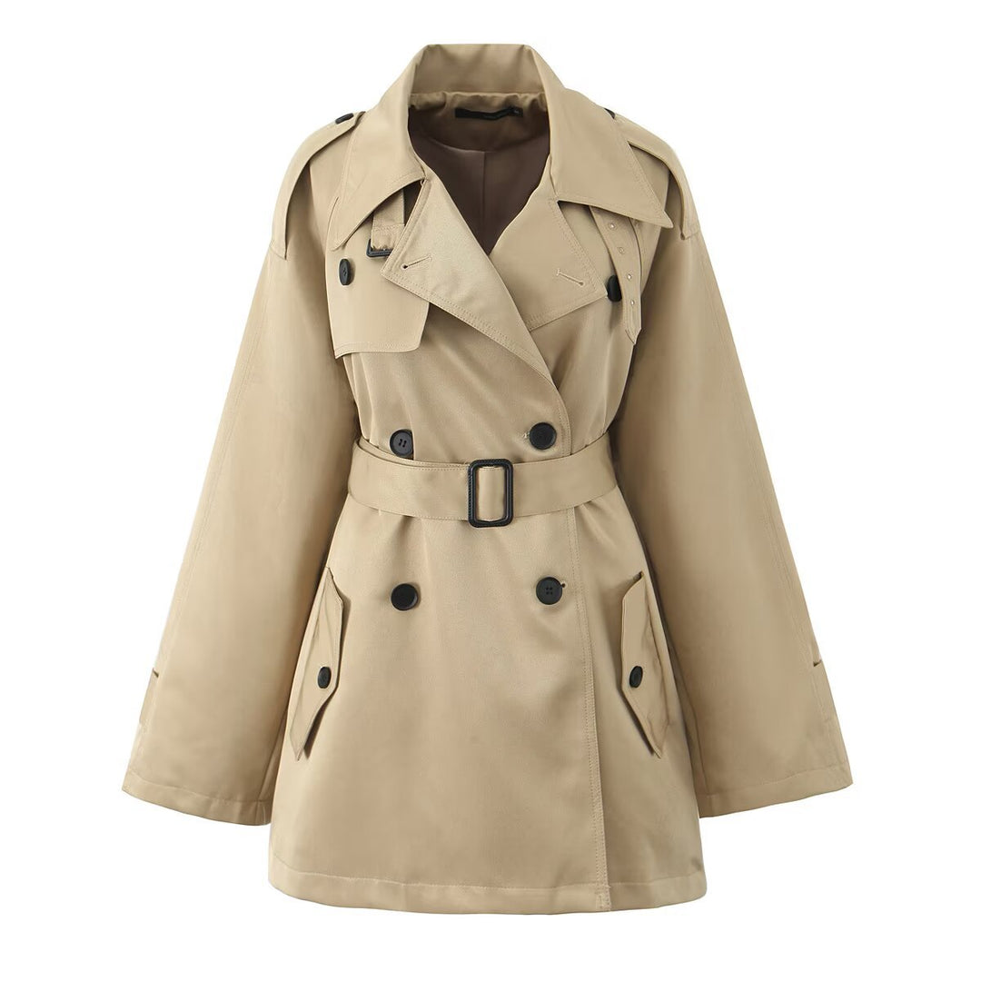 Women's Short Tailored Double-Breasted Trench with Cape Sleeves and Tie Belt Mune Fashion