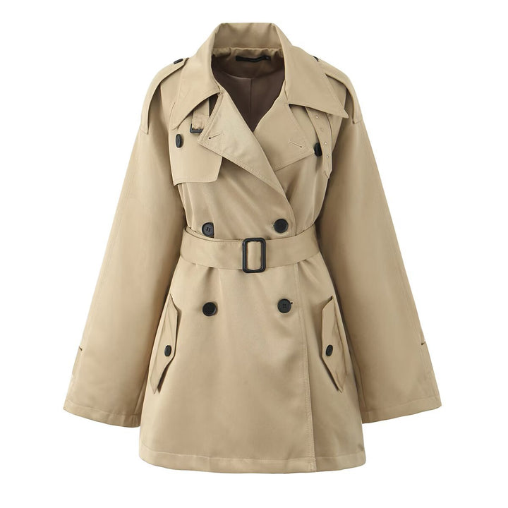 Women's Short Tailored Double-Breasted Trench with Cape Sleeves and Tie Belt Mune Fashion