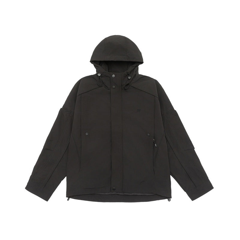 Unisex technical hooded field jacket in boxy cut with concealed front and multifunctional pockets Mune Fashion