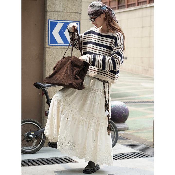 Ladies Soft Oversize Stripe Sweater with Boat Neck and Fluffy Look Mune Fashion
