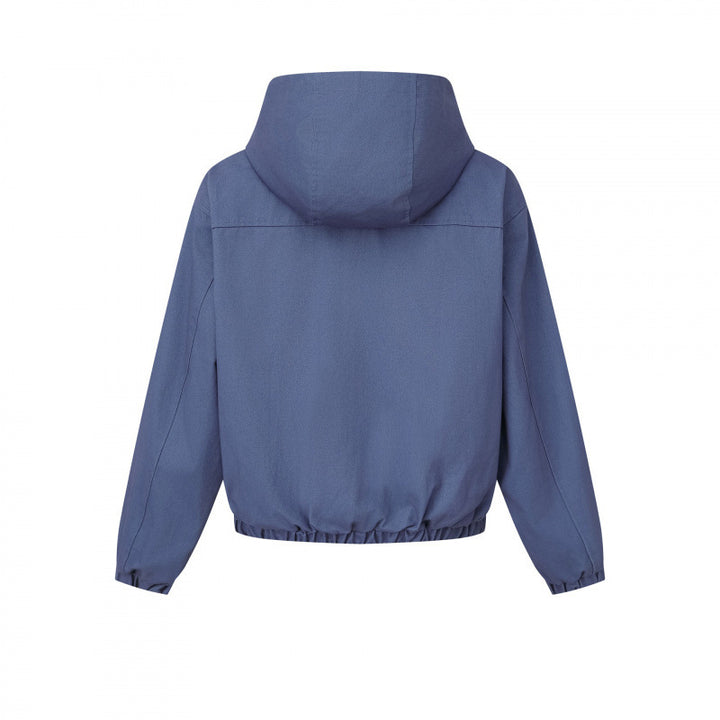 Ladies short cut hooded blouson jacket with textured fabric, patch pockets, and elastic hem Mune Fashion