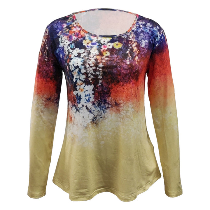 Women's Long Sleeve A-Line Shirt with Floral Watercolor Print and Round Neck Mune Fashion