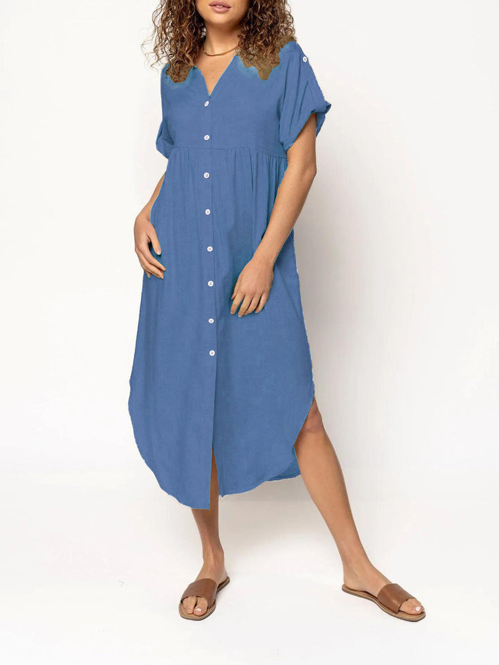 Ladies mid dress with button placket, V-neck and casual babydoll fit Mune Fashion