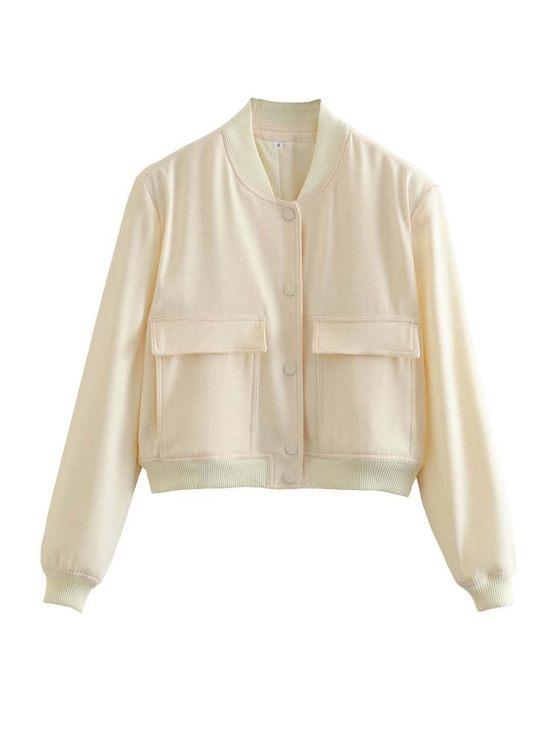 Women's short bomber jacket with snap button front, applied flap pockets and ribbed hem Mune Fashion