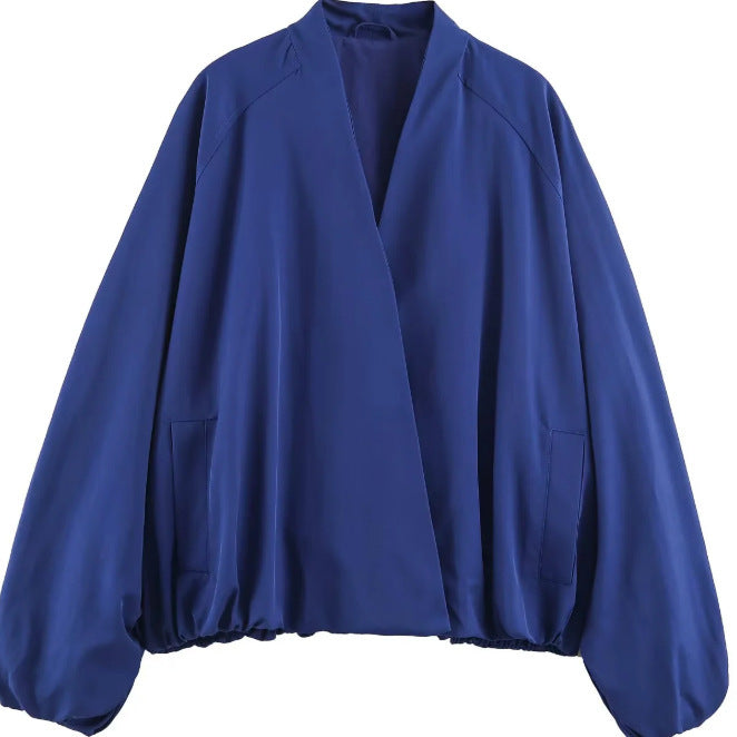 Women Short Blouson made of Artificial Leather with Double-Breasted Button Placket and Shoulder Cape Mune Fashion