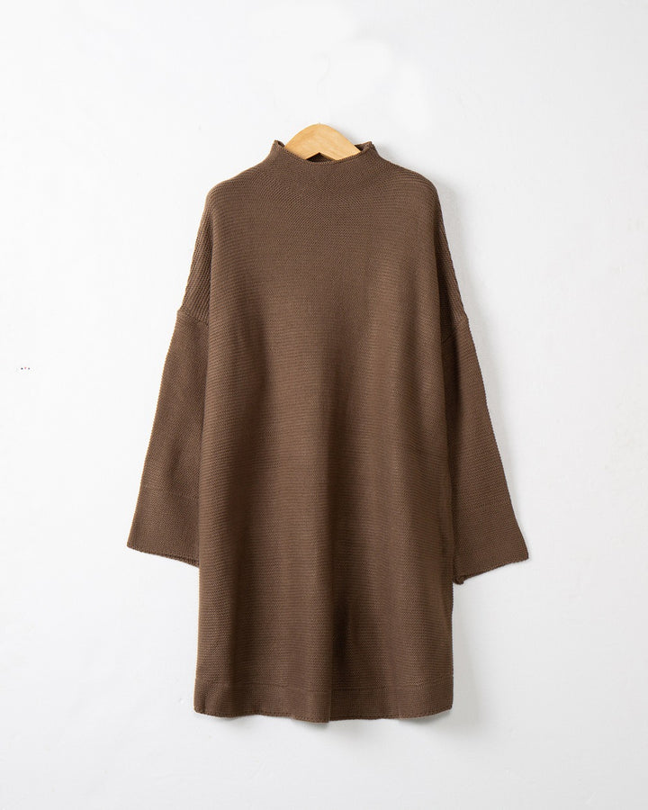 Women Oversize Knit Tunic with Short Stand-up Collar and Dropped Shoulder Mune Fashion