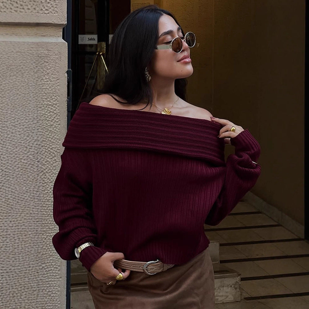 Women Off-Shoulder Ribbed Knit Sweater with Wide Folded Collar Mune Fashion