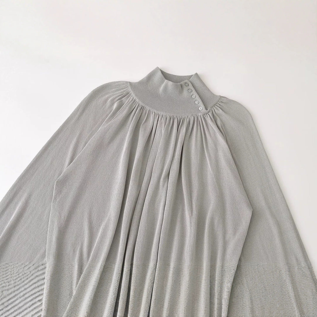 Ladies balloon sleeve fine-knit sweater with gathered stand-up collar and button detail Mune Fashion