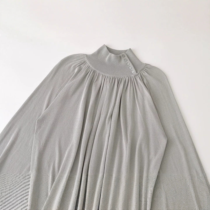 Ladies balloon sleeve fine-knit sweater with gathered stand-up collar and button detail Mune Fashion