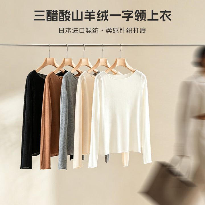 Women's Long Sleeve Fine Knit Shirt with Boat Neck and Light Draping Mune Fashion