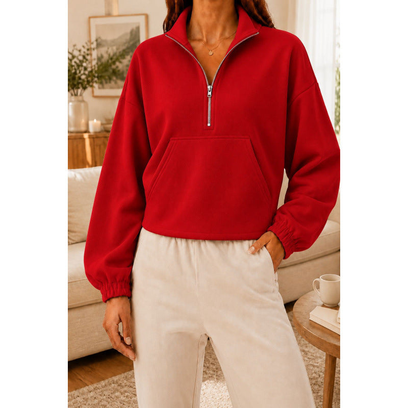 Women's Short Cut Sweatshirt Sweater with Half Zipper and Kangaroo Pocket Mune Fashion