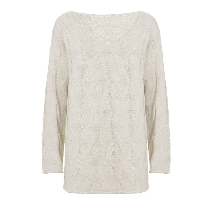 Women's casual oversized knitted sweater with cable pattern and wide V-neck Mune Fashion