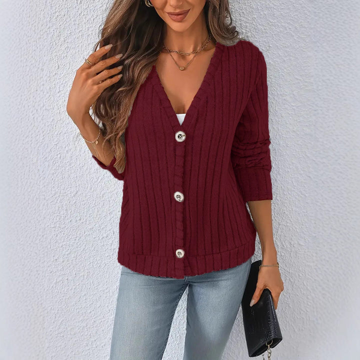 Women’s ribbed V-neck knit cardigan with decorative buttons, slightly dropped shoulder and boxy hem Mune Fashion