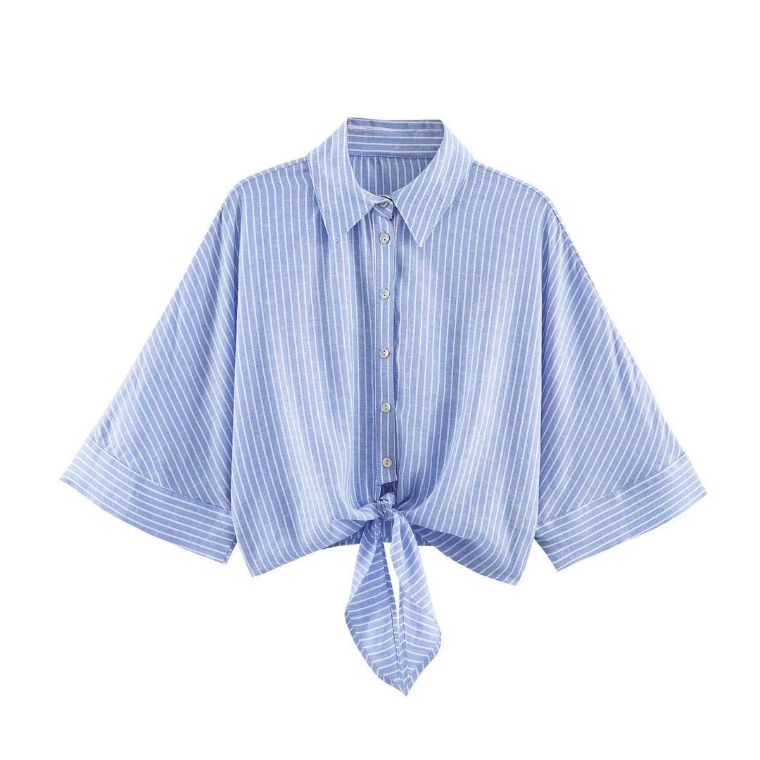 Women's short-cut blouse with knot tie, shirt collar and wide batwing sleeves Mune Fashion