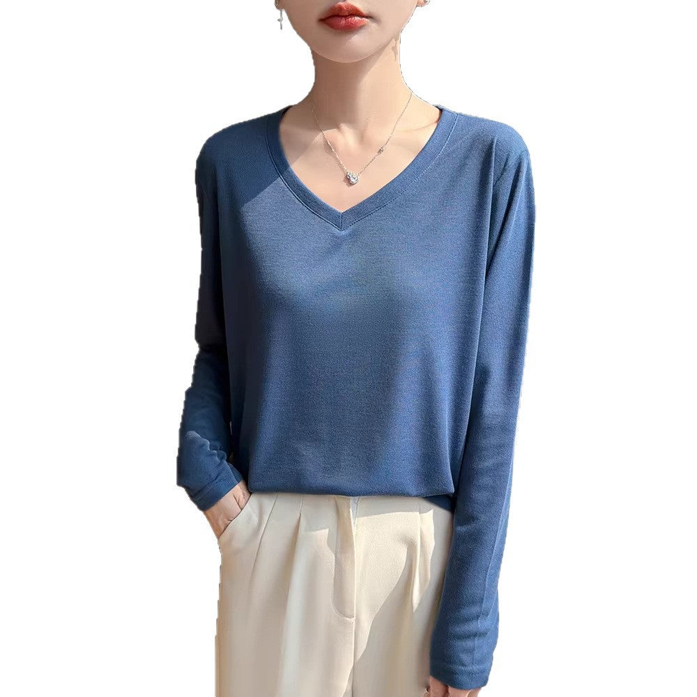 Ladies Lightweight V-Neck Fine Knit Long Sleeve Mune Fashion