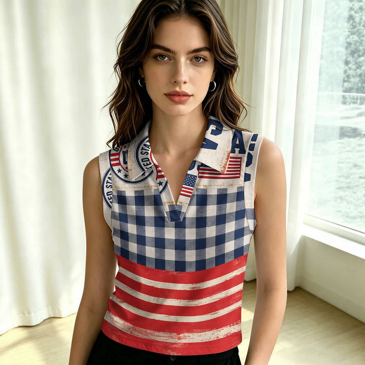Women's sleeveless polo shirt crop top with V-neck, classic collar, and patriotic print Mune Fashion