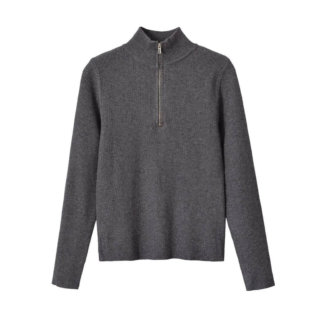 Women's Ribbed Half-Zip Knit Sweater with Stand Collar Mune Fashion