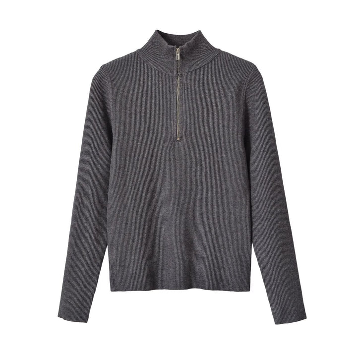 Women's Ribbed Half-Zip Knit Sweater with Stand Collar Mune Fashion