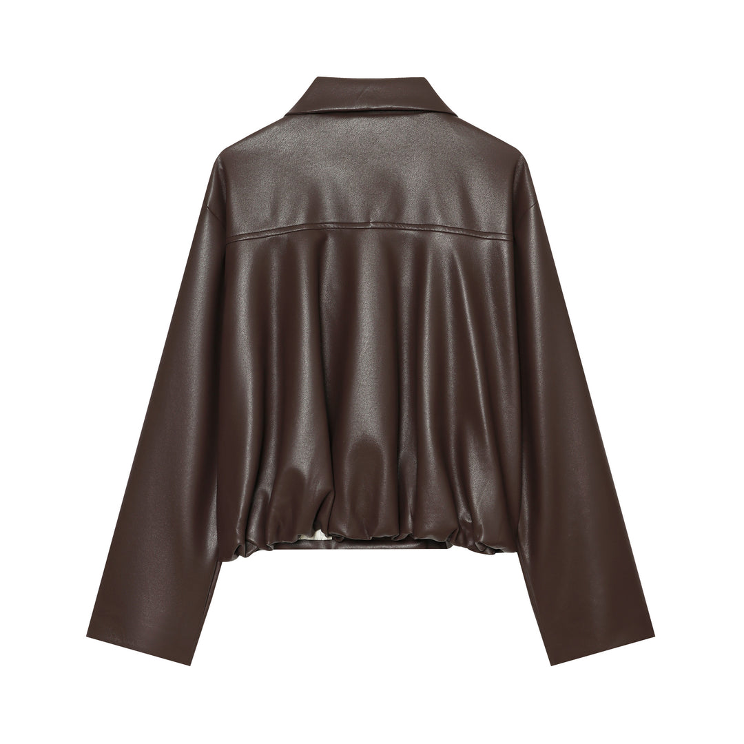 Women's double-breasted cropped coat made of faux leather with a large lapel collar and flap pockets Mune Fashion