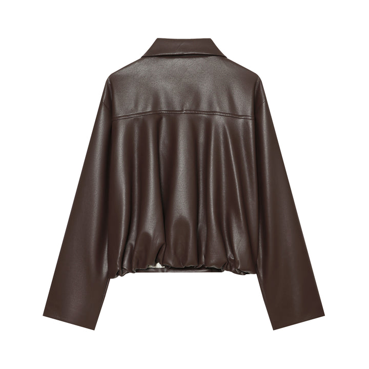 Women's double-breasted cropped coat made of faux leather with a large lapel collar and flap pockets Mune Fashion