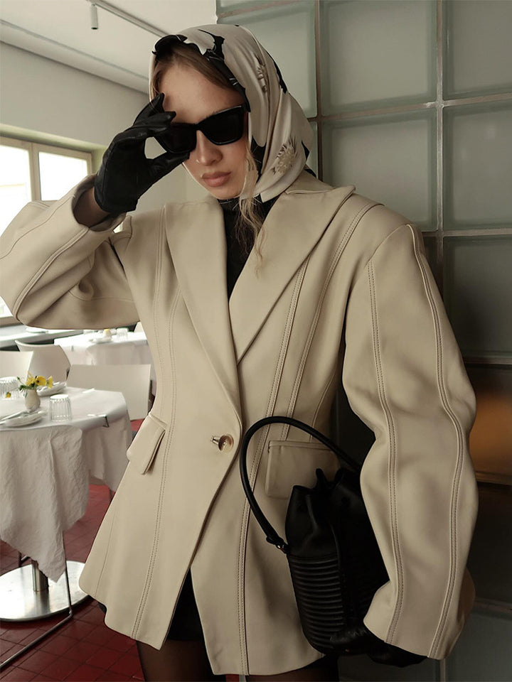 Women Tailored Faux Leather Blazer with Princess Seams and Structured Shoulder Mune Fashion