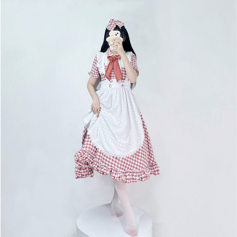 Women's Nano Vintage-Inspired Lolita Dress with Checkered Pattern Ruffles and Removable Apron Mune Fashion