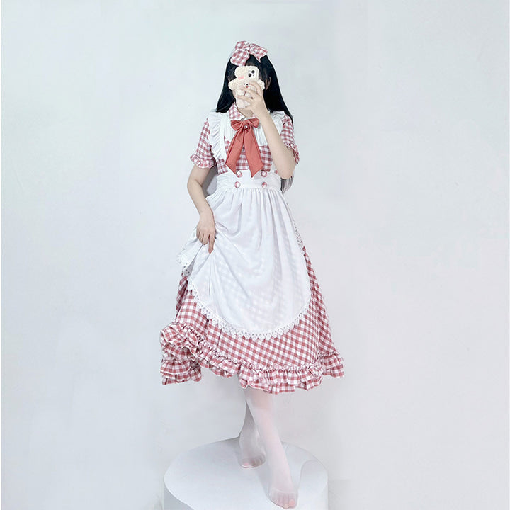 Women's Nano Vintage-Inspired Lolita Dress with Checkered Pattern Ruffles and Removable Apron Mune Fashion
