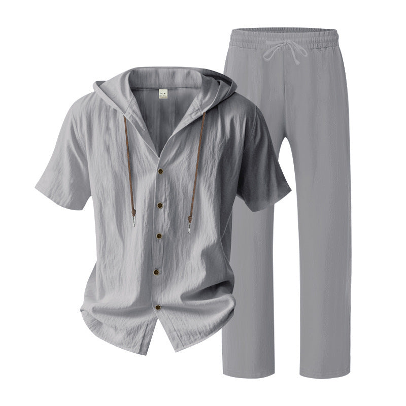 Men's urban leisure set with short-sleeved hoodie shirt, button placket, and straight comfort pants with drawstring Mune Fashion