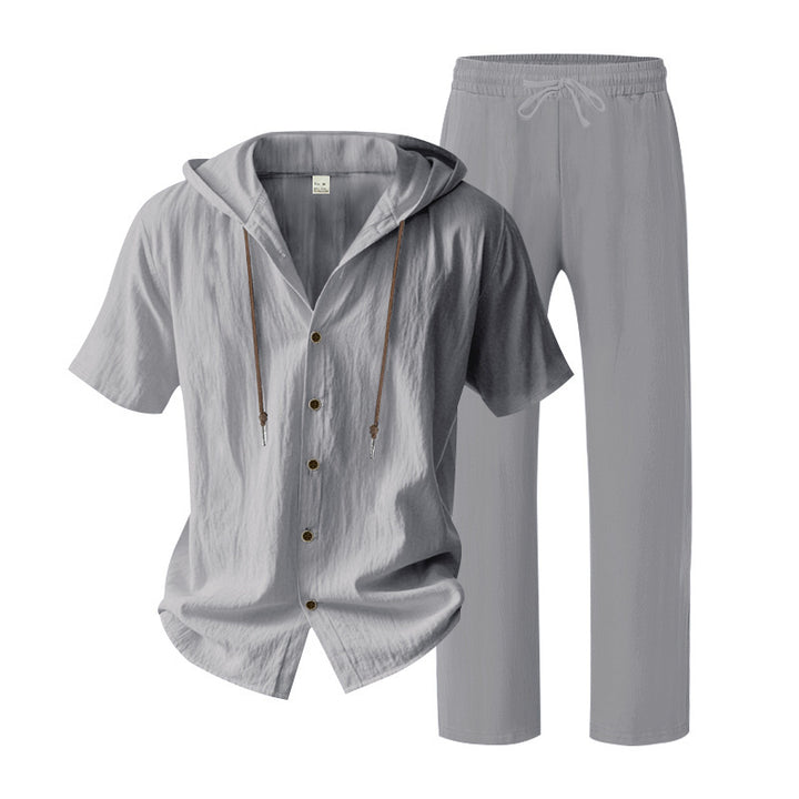 Men's urban leisure set with short-sleeved hoodie shirt, button placket, and straight comfort pants with drawstring Mune Fashion