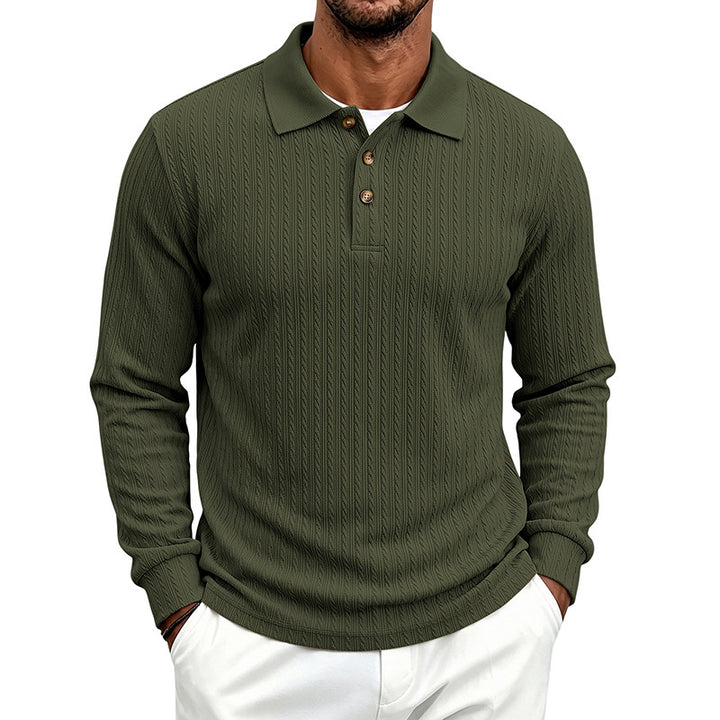 Men's Long Sleeve Knitted Polo Shirt with Cable Pattern and Button Placket Mune Fashion