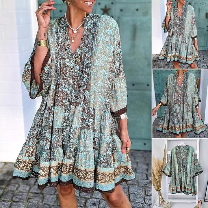 Women's airy Boho tiered dress with V-neck wide batwing sleeves and lace trim Mune Fashion