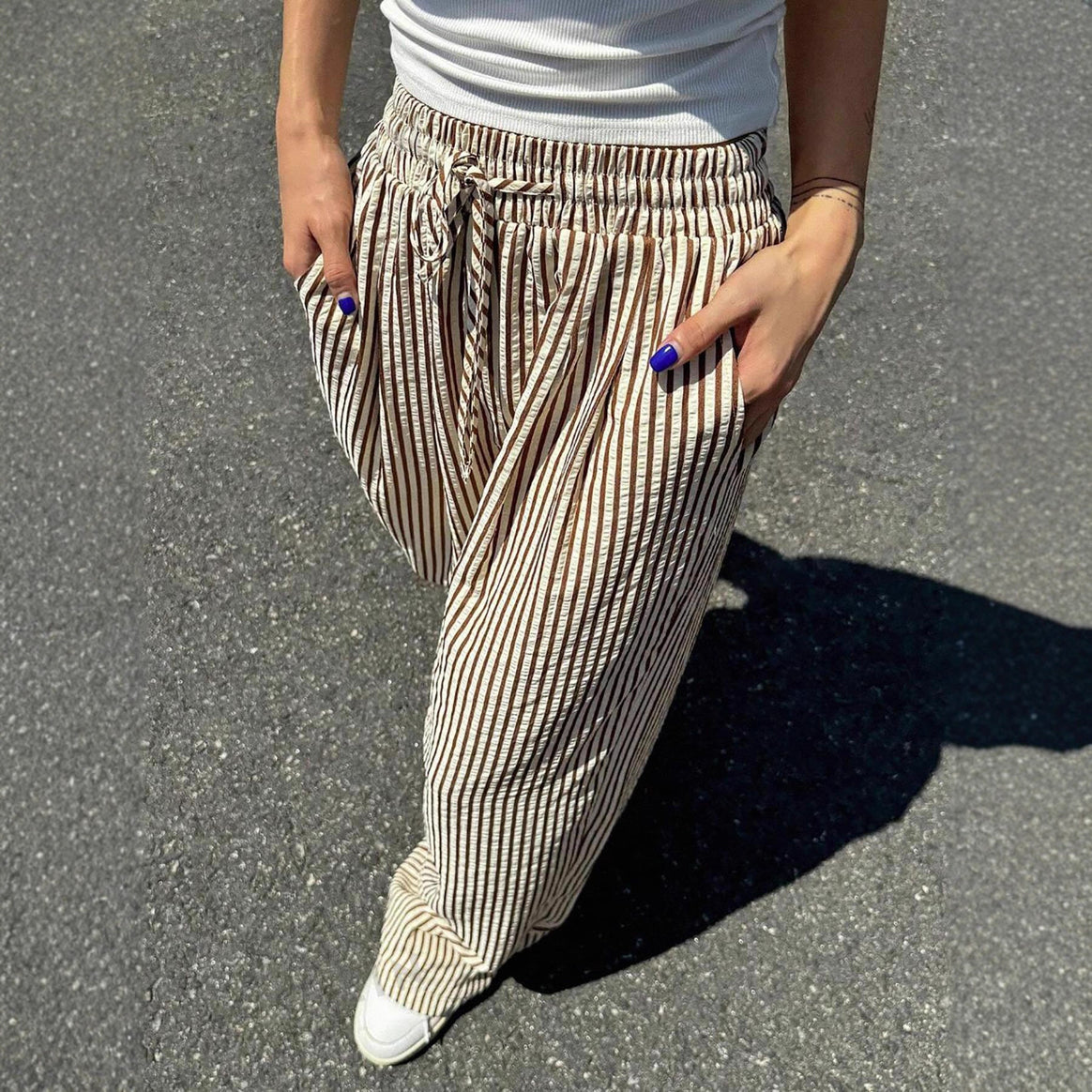 Women's Marlene striped pants made of linen blend with wide leg, elastic waistband and drawstring Mune Fashion