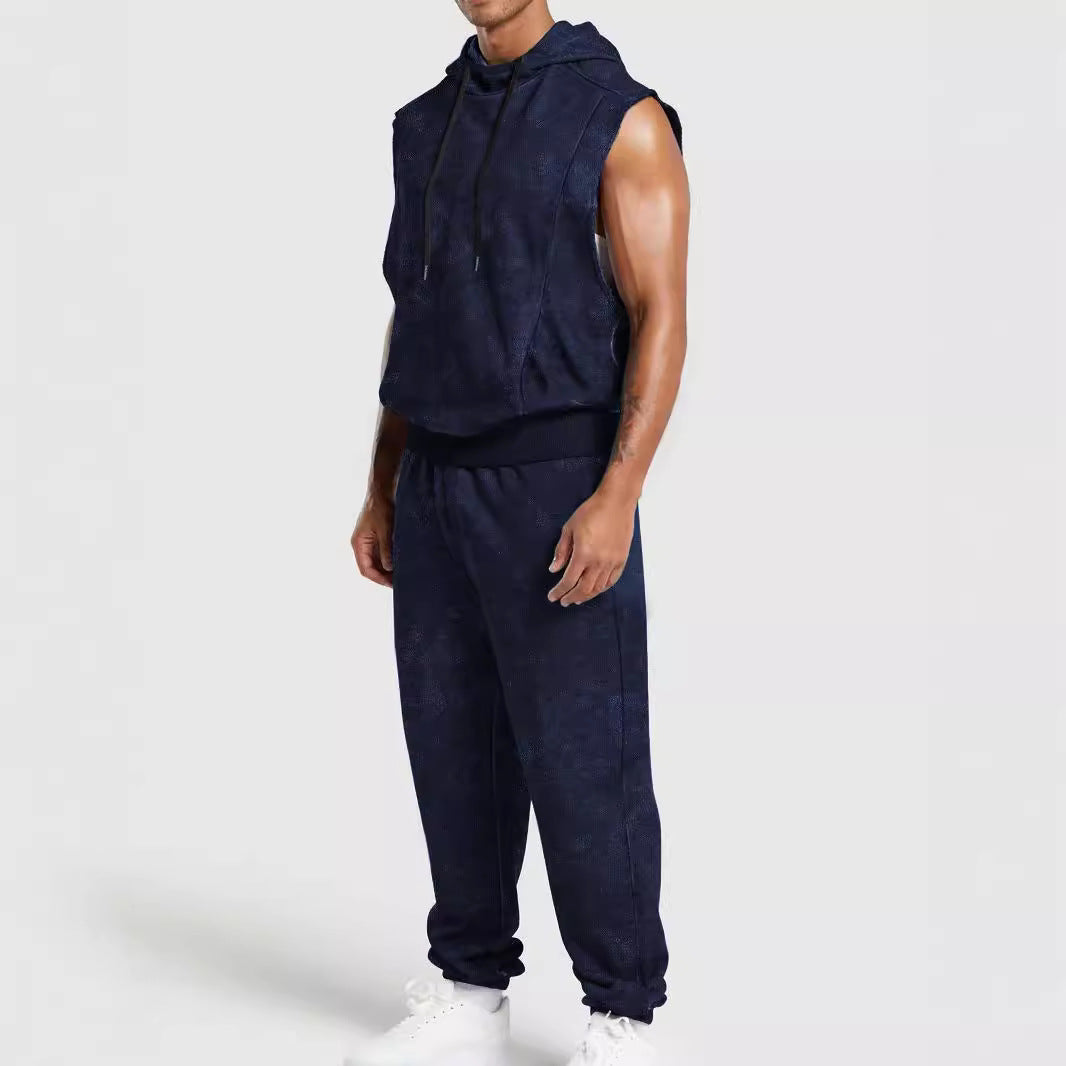 Men's sleeveless hooded sweat set in velour look with elastic joggers and ribbed cuffs Mune Fashion
