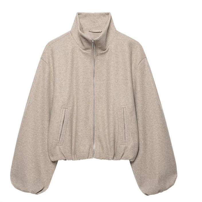 Women's Cropped Fleece Bomber Jacket with Stand-up Collar, Balloon Sleeves and Elastic Hem Mune Fashion