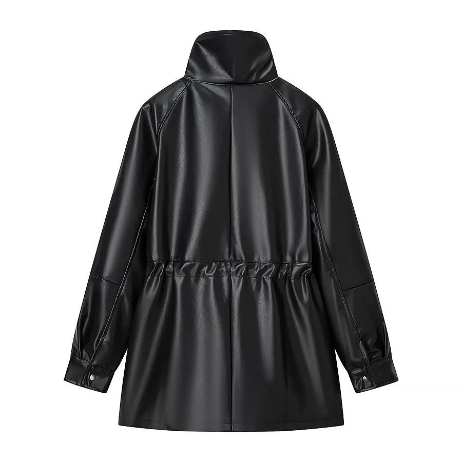 Women's water-repellent synthetic leather parka with high standing collar and waist drawstring Mune Fashion