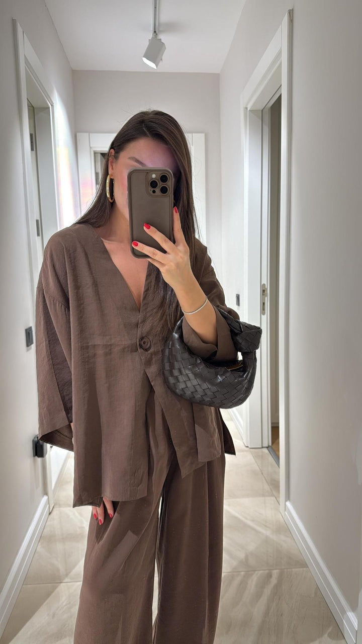 Women nan loose linen look two-piece with kimono blazer and wide palazzo pants Mune Fashion