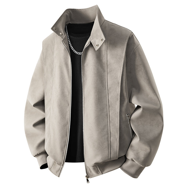 Men's Neat Velour Leather Look Bomber Jacket with Stand-Up Collar, Two-Way Zipper & Zipper Pockets Mune Fashion