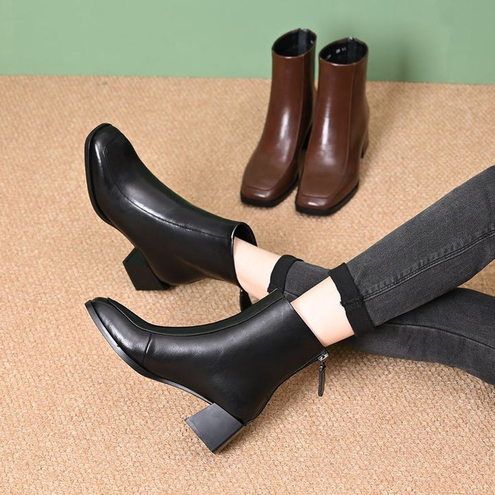 Women's Elegant Ankle Boots with Block Heel and Zipper Mune Fashion