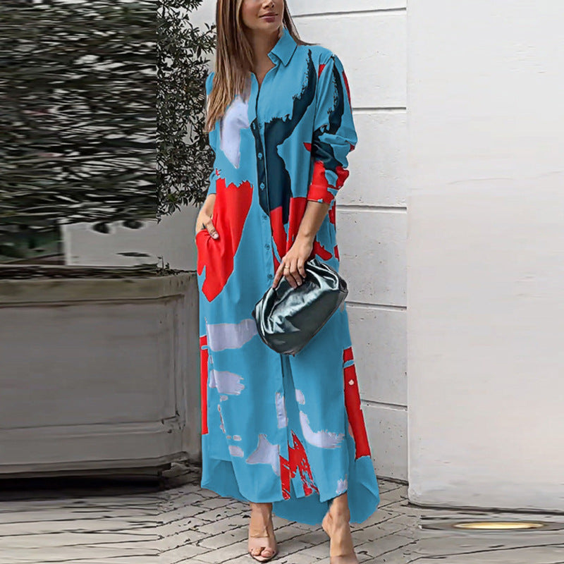 Women's Long Shirt Dress with Abstract Brush Print and Side Pockets Mune Fashion