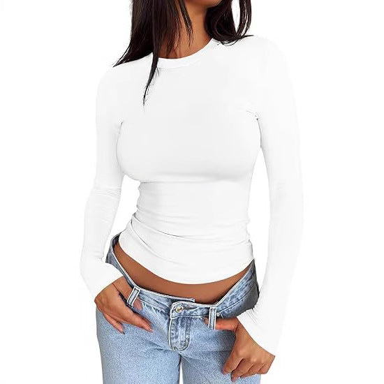 Ladies Body-hugging Long Sleeve Shirt in Cropped Look with Extended Sleeves and Thumb Hole Mune Fashion