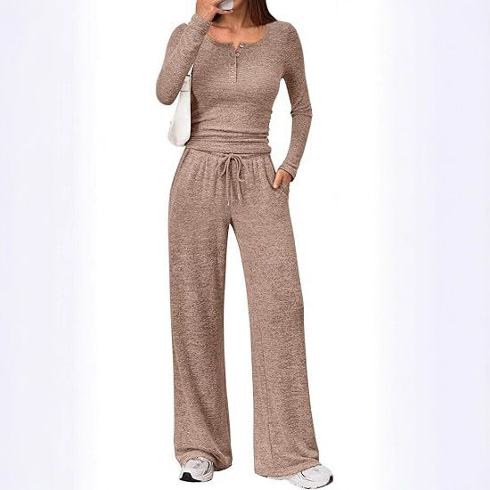 Women's Two-Piece Fine Knit Lounge Set with Henley Top and Palazzo Pants Mune Fashion