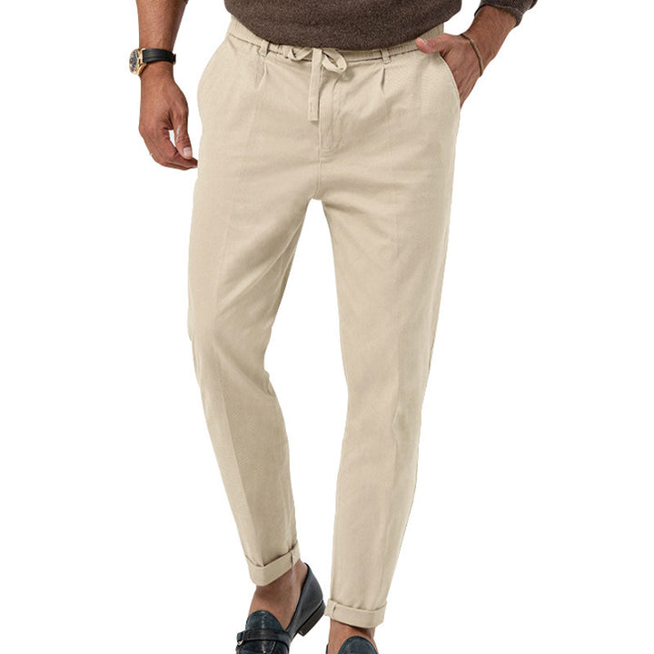 Men's Tapered Linen-Cotton Pants with Elastic Waistband, Drawstring and Cuffs Mune Fashion