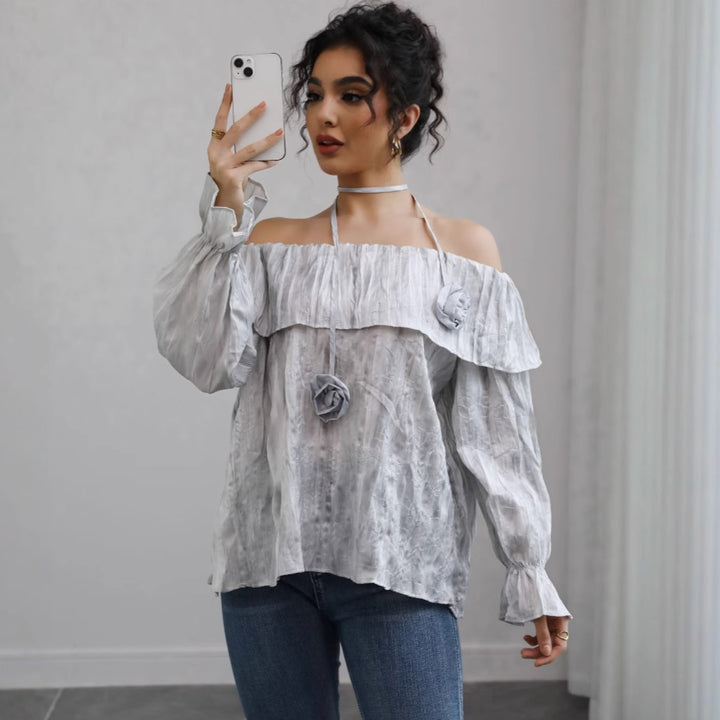 Women Off-Shoulder Crinkle Blouse Top with Ruffles, Balloon Sleeves and Choker Mune Fashion