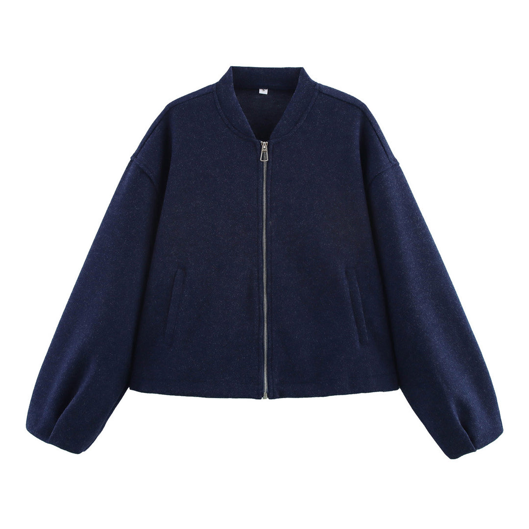 Women Short Bomber Jacket made of Wool Blend with Zipper, Drawstring Hem and Dropped Shoulder Mune Fashion