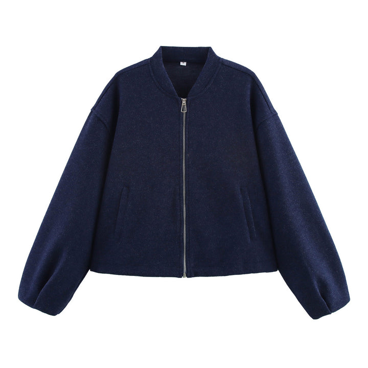 Women Short Bomber Jacket made of Wool Blend with Zipper, Drawstring Hem and Dropped Shoulder Mune Fashion