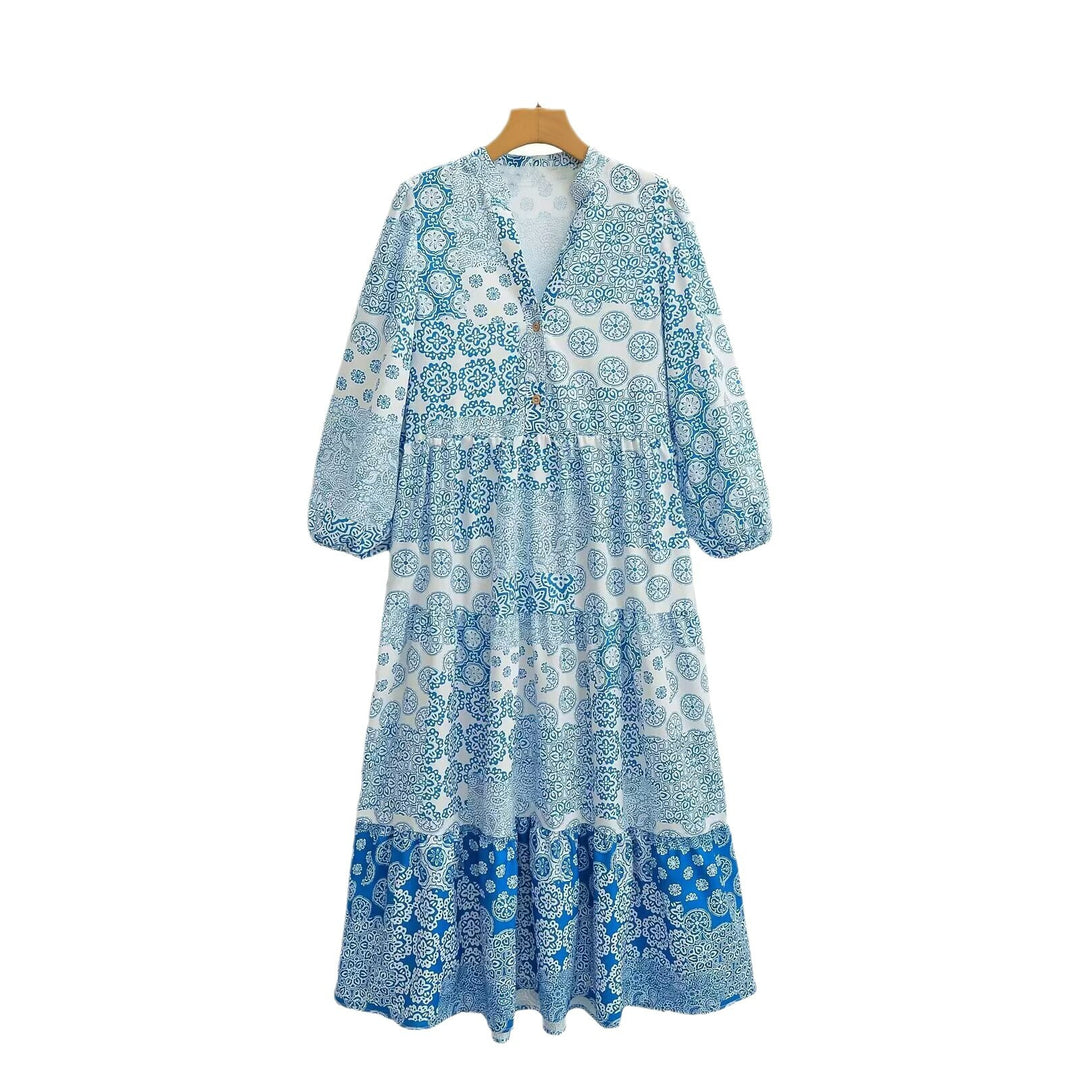 Women's maxi dress in patchwork print with V-neck, tiered skirt, and 3/4 sleeves Mune Fashion