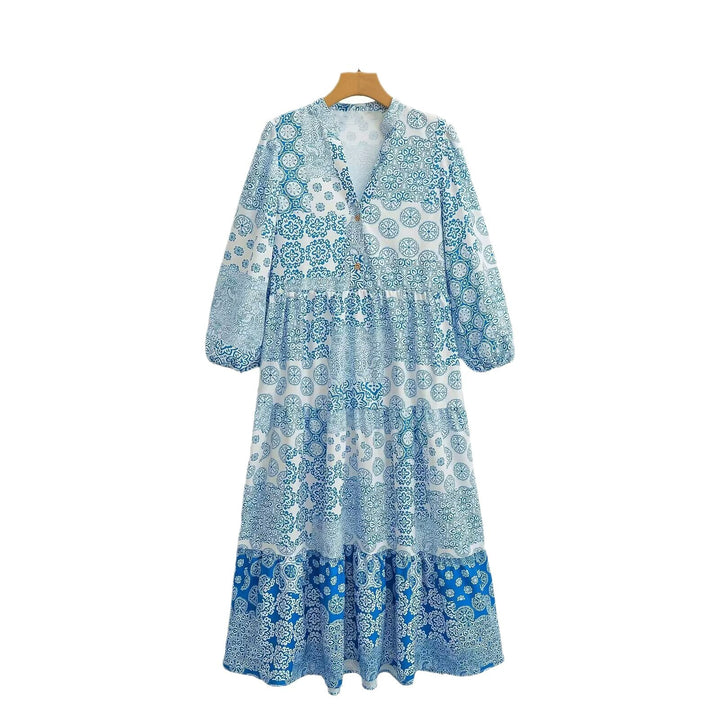 Women's maxi dress in patchwork print with V-neck, tiered skirt, and 3/4 sleeves Mune Fashion
