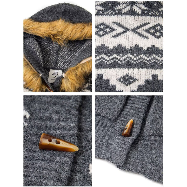 Women's Fashionable Cardigan with Hood and Faux Fur Trimmed Collar Mune Fashion